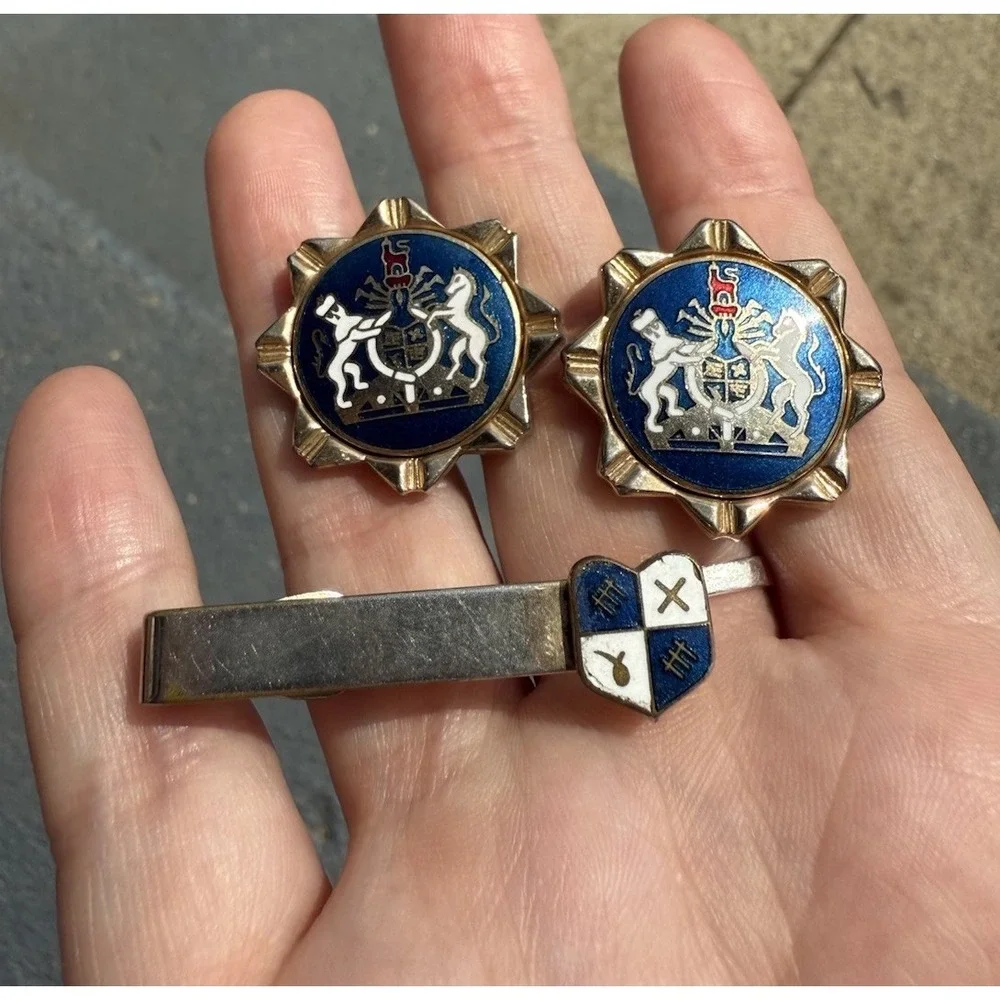Vintage 1950s Swank Royal Crest Cufflinks & Tie Clip Crown Lion Enamel‎ Brass